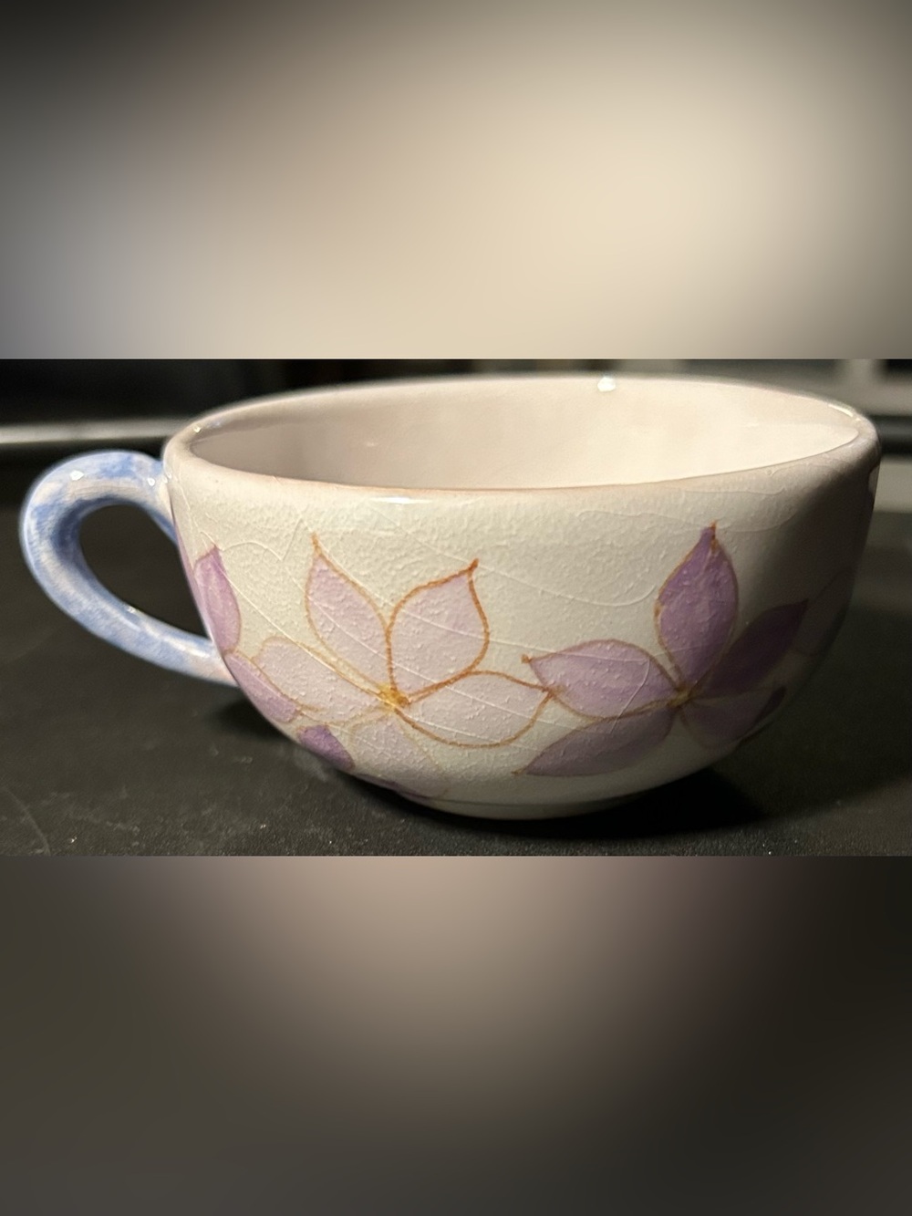 Vintage Ernestine Salerno Italy purple floral ceramic teacup. Hand-Painted